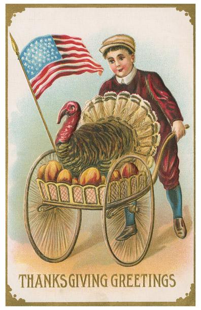 Boy with turkey on pushcart